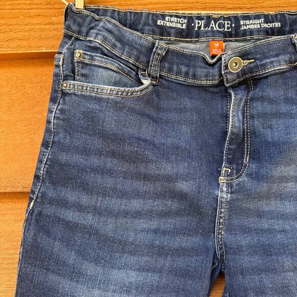 Childrens Place Boys Size 16 Stretch Adjustable Waist Straight Leg Dark Wash Jea - Picture 6 of 15